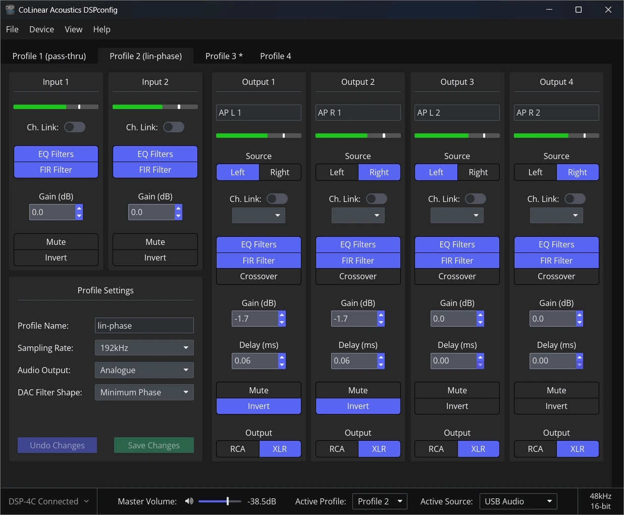 DSPconfig software interface showing two inputs, four output channels, EQ and FIR controls, and profile settings