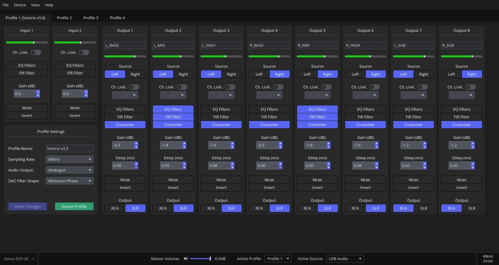 DSPconfig software interface showing two inputs, eight output channels, EQ and FIR controls, peak meters, and profile settings