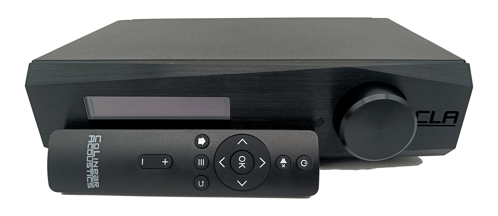 DSP-4C front panel showing display and volume knob, with the supplied remote control
