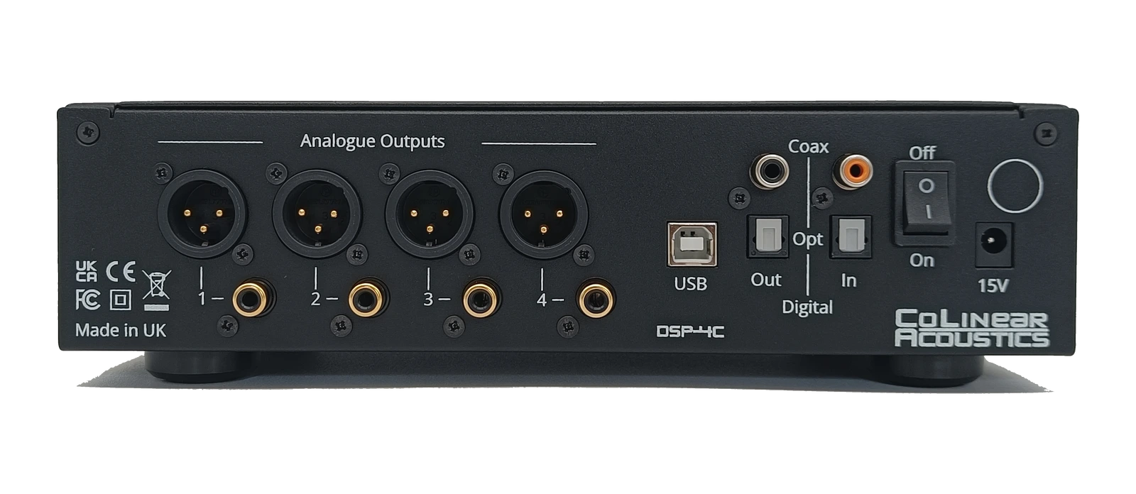 DSP-4C rear panel showing 4 RCA and 4 XLR outputs, USB and S/PDIF inputs, and S/PDIF outputs