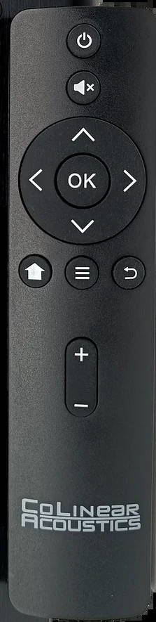 The supplied remote control: power and mute at the top, the five-way pad with OK in the middle, a row of three small keys, and the volume rocker below them