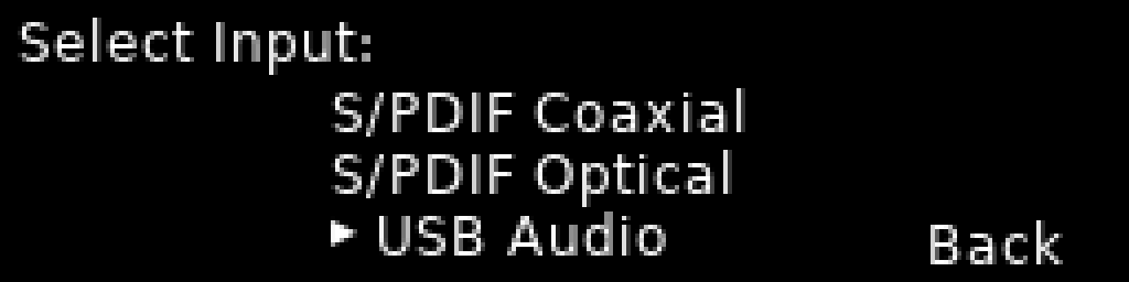 The Select Input screen, with USB Audio highlighted