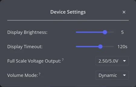 The Device Settings window: sliders for display brightness and display timeout, and selectors for full scale voltage output and volume mode