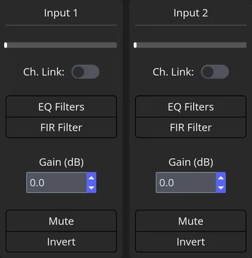 The Input 1 and Input 2 panels, with Ch. Link, EQ Filters, FIR Filter, Gain, Mute and Invert controls