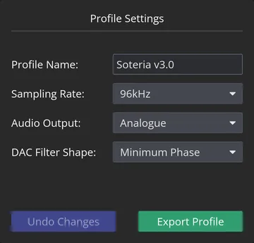 The Profile Settings panel on a Demo Device: profile name, sampling rate, audio output and DAC filter shape, with Undo Changes greyed out and an Export Profile button